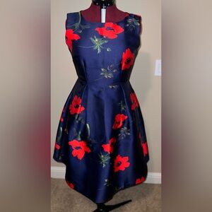 Red and Blue Floral Sleeveless A-Line Dress for Wedding Guest